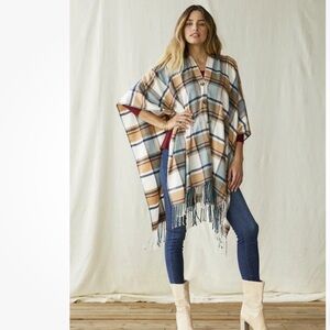 Matilda Jane Just Imagine Paige Womens Windowpane Plaid Tasseled Ruana OS Poncho